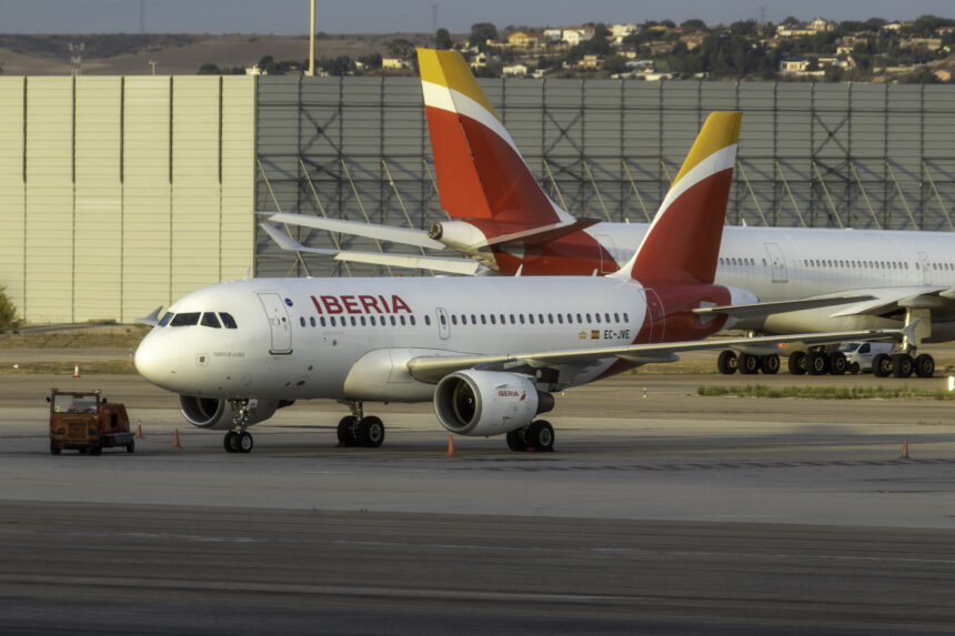 Iberia Airbus A319 arrive at Madrid airport.