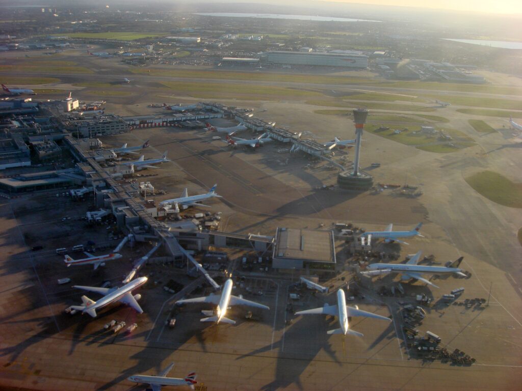 Photo shows an aerial view of Terminal 3 at London Heathrow Airport.