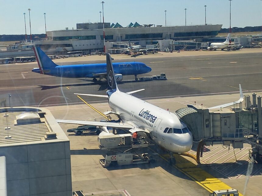 ITA Airways and Lufthansa Airlines in the same frame in Fiumicino Airport