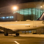A Lufthansa Airbus A320-214 parked in Terminal 2a at Budapest Airport