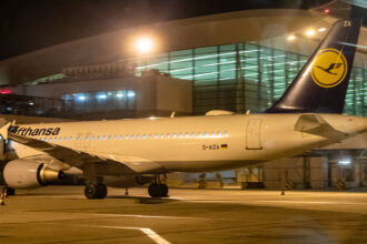 A Lufthansa Airbus A320-214 parked in Terminal 2a at Budapest Airport