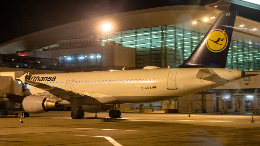 A Lufthansa Airbus A320-214 parked in Terminal 2a at Budapest Airport