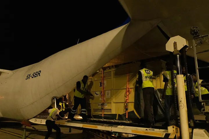 Rhino crates being loaded onto a plane at Durban’s King Shaka International Airport, South Africa.