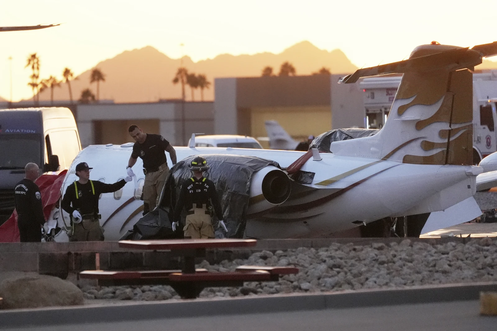Wreckage of Vince Neil’s private jet after it collided with another aircraft at Scottsdale Municipal Airport.