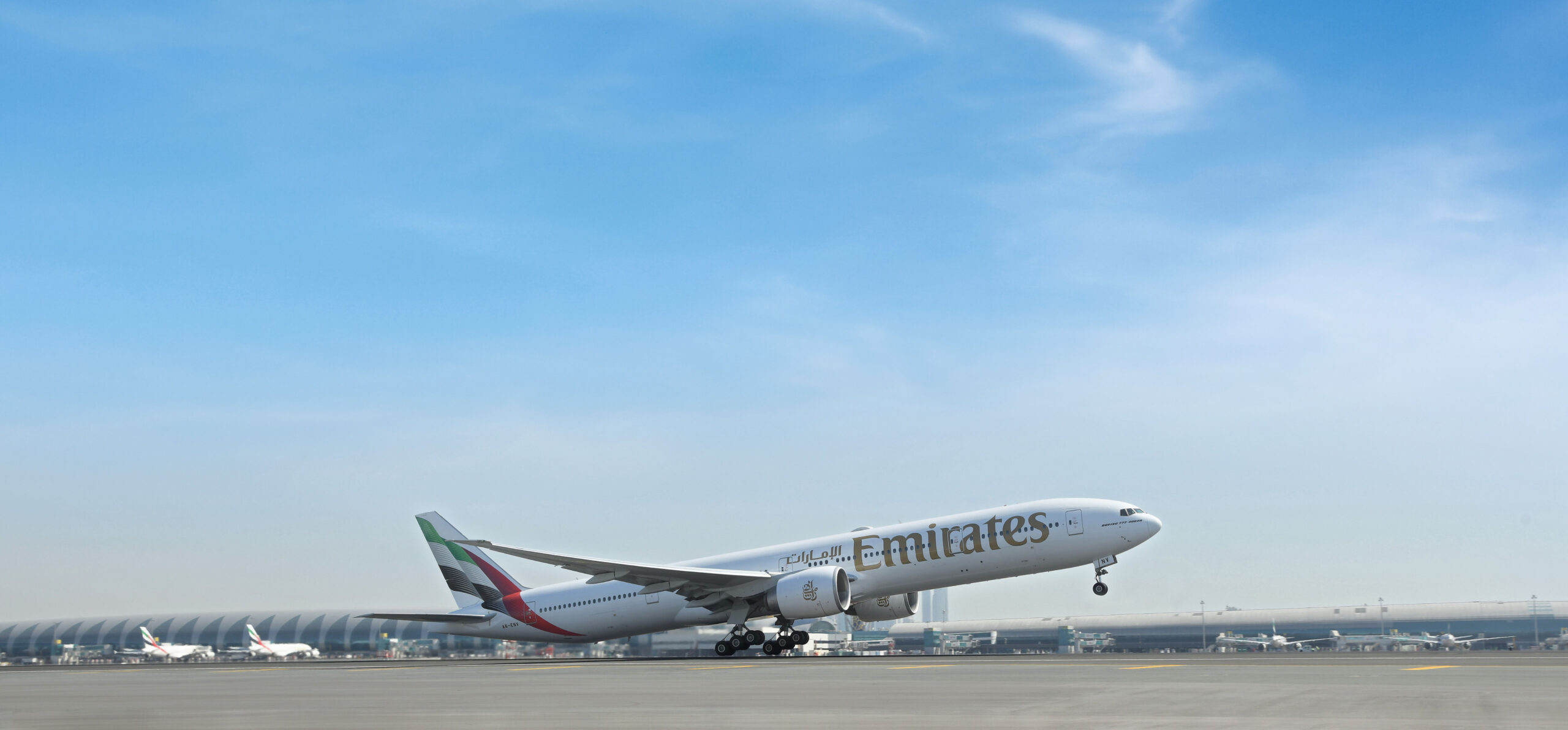 Emirates Boeing 777-300ER taking off.
