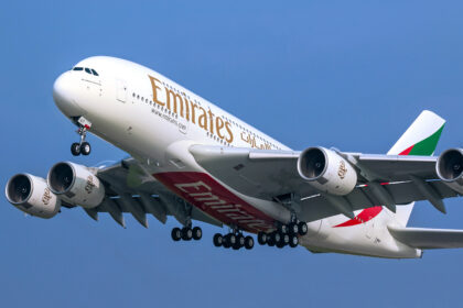 An Emirates A380 aircraft in air.