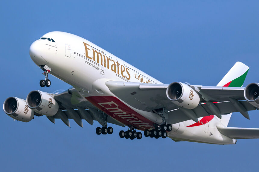 An Emirates A380 aircraft in air.