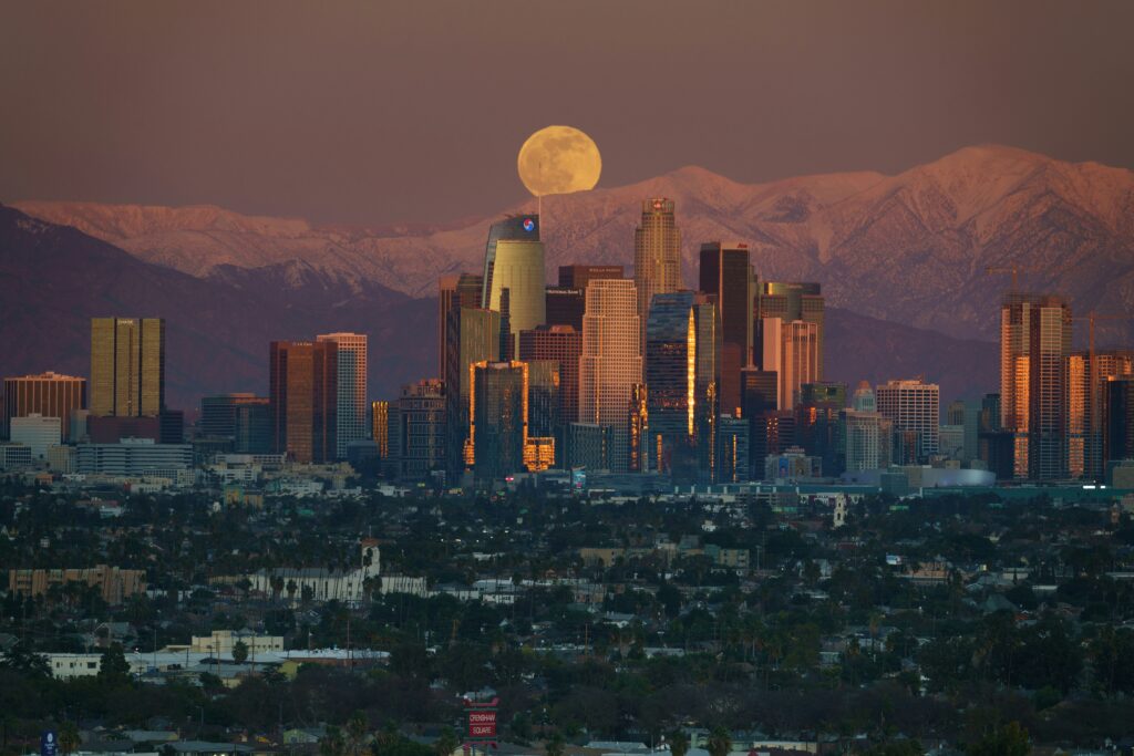 skyline shot of mountains and buildings in Los Angeles