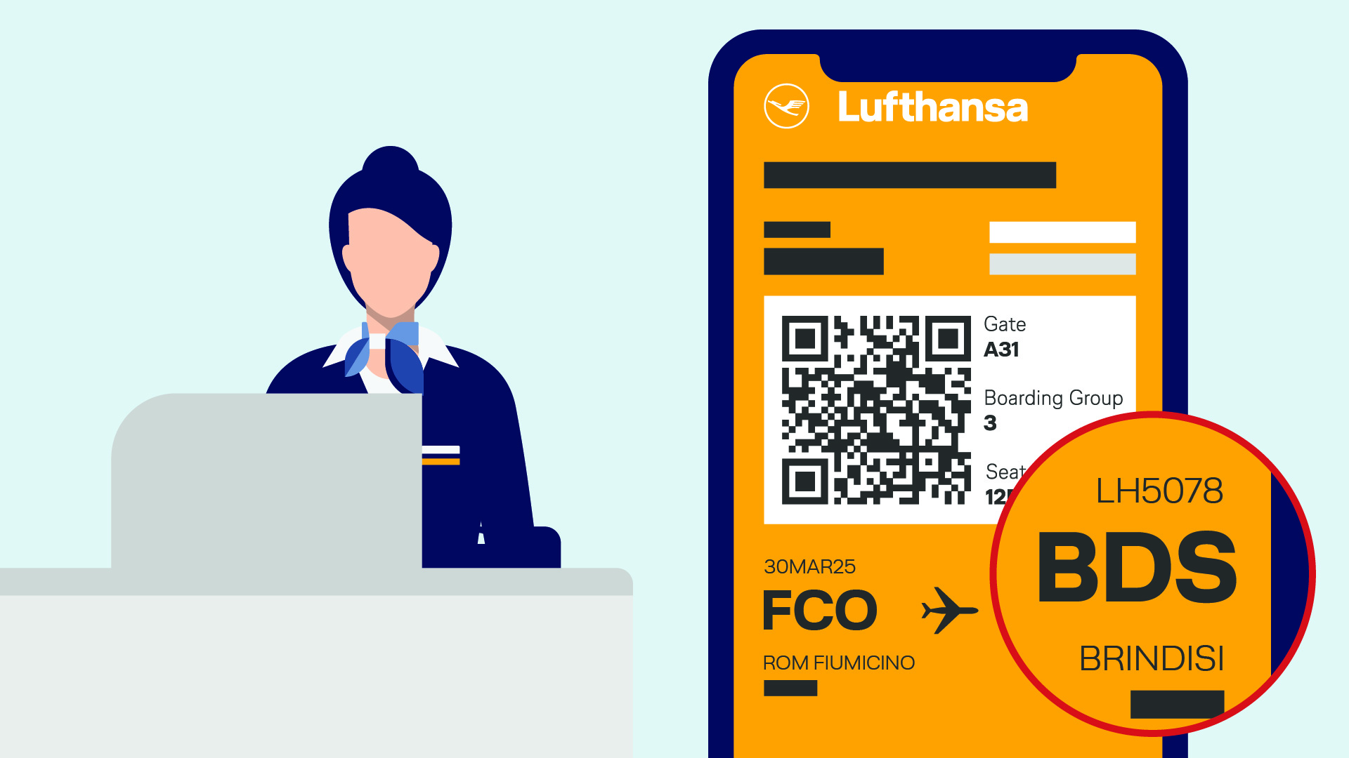 Codeshare graphic containing QR code and flight information