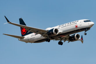 Air Canada Boeing 737 MAX 8 landing in Calgary, Alberta, Canada.