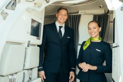 A pair of airBaltic's cabin crew