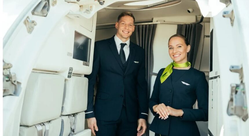A pair of airBaltic's cabin crew