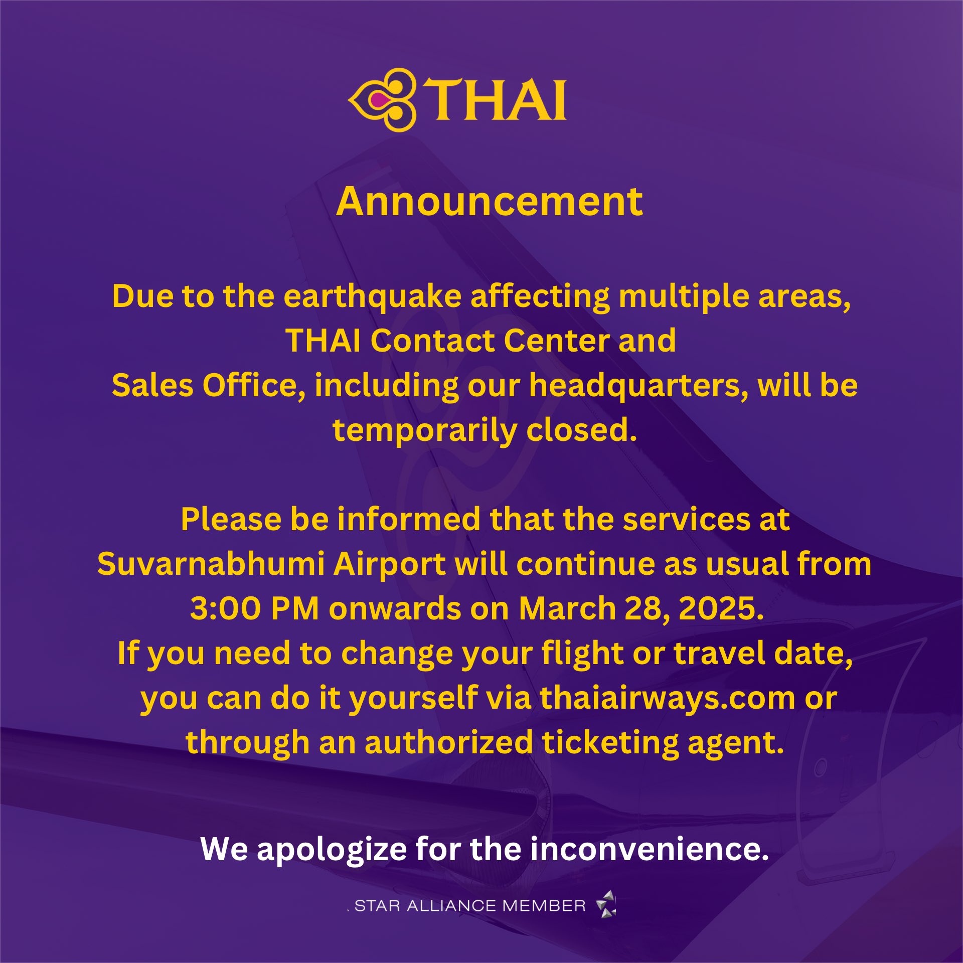 Thai Airways announcement following the earthquake.