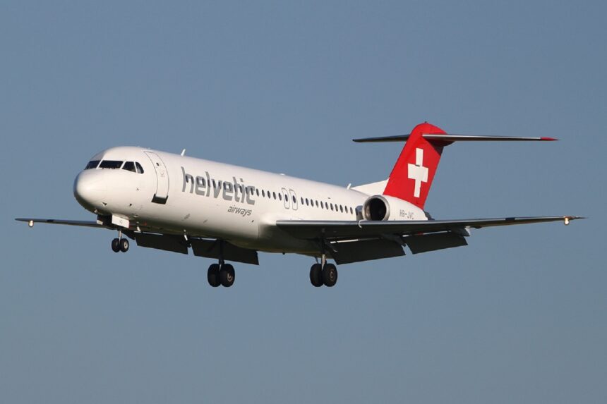 A Helvetic Airways Fokker 100 aircraft