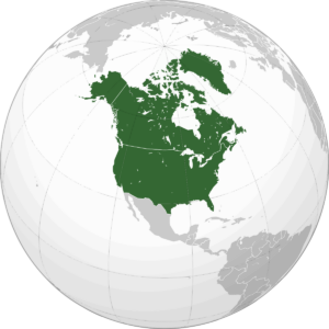 Ornographic globe map of Northern America, Canada and USA highlighted