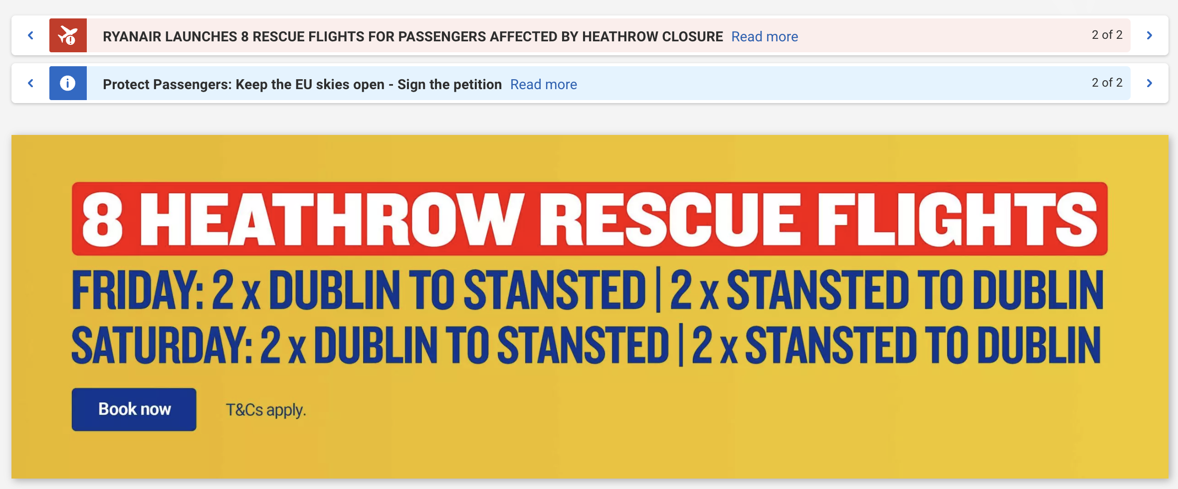 Schedule of additional flights from Ryanair in response to the shutdown of Heathrow Airport.