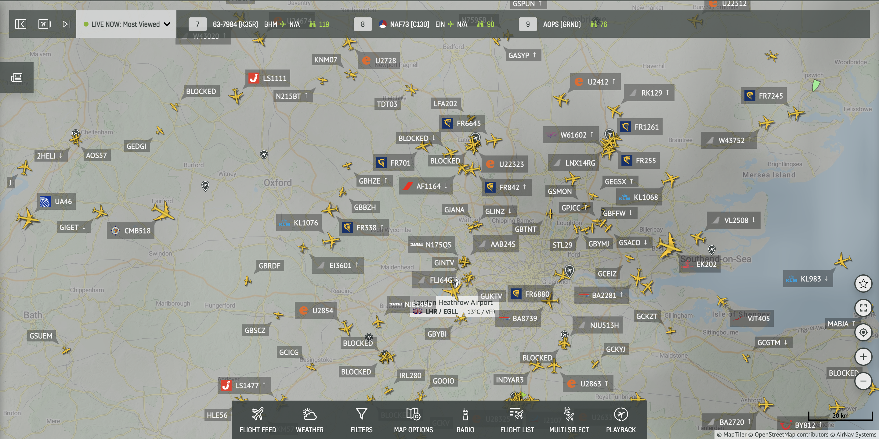 flight status map of flights diverted from Heathrow Airport to other nearby airports.