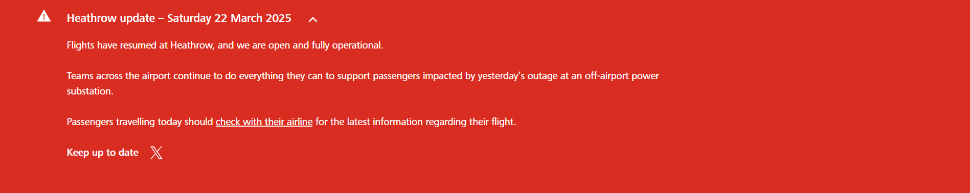 A screenshot of the banner on Heathrow Airport's website displaying the statement released by Heathrow Airport.