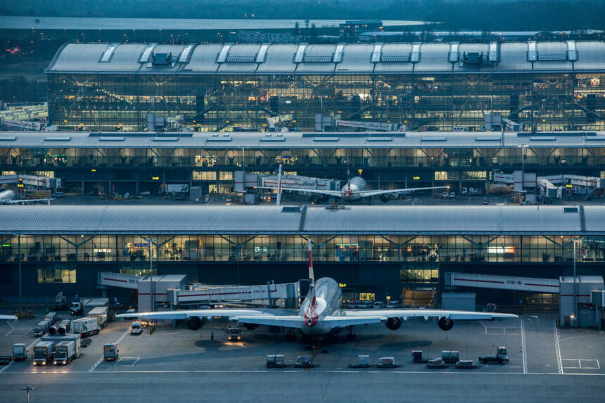 A view of an aircraft and the buildings of Heathrow Airport Terminal 5