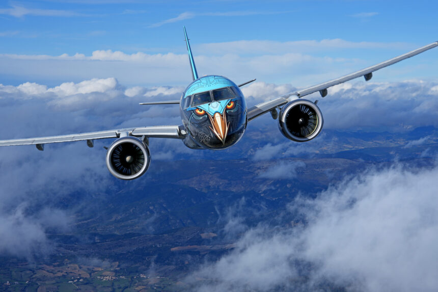 Airplane in flight with eagle face artwork on the nose, flying above clouds and mountains, symbolizing modern aviation with creative livery.