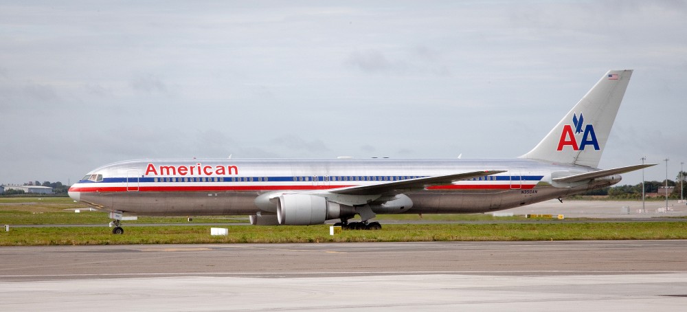 An American Airlines plane on the runway at Dublin Airport.