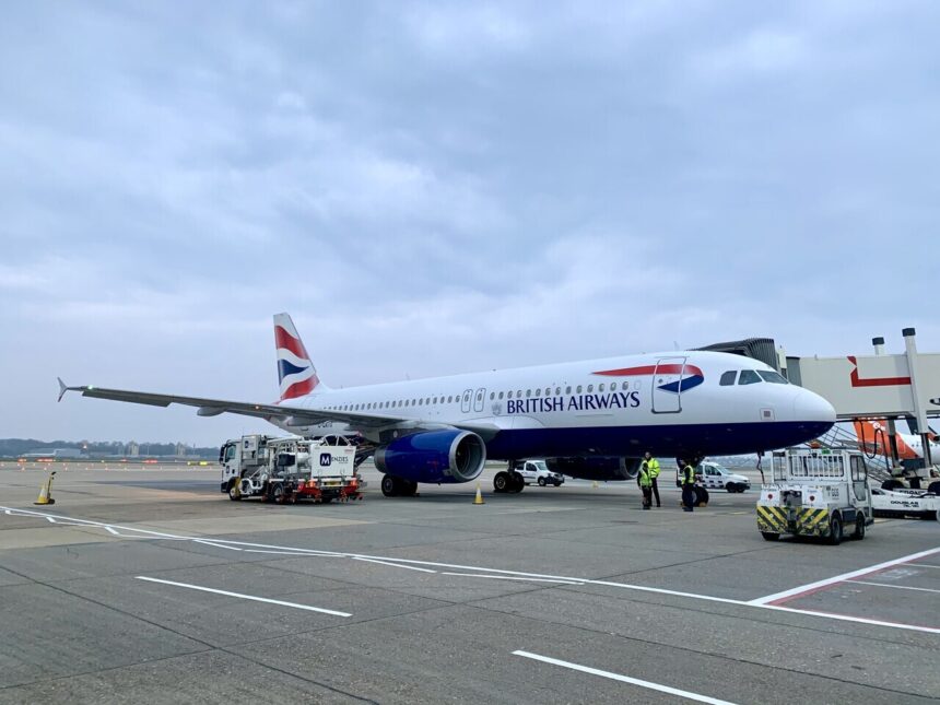A British Airways commercial jet on the grounds of Gatwick Airport.