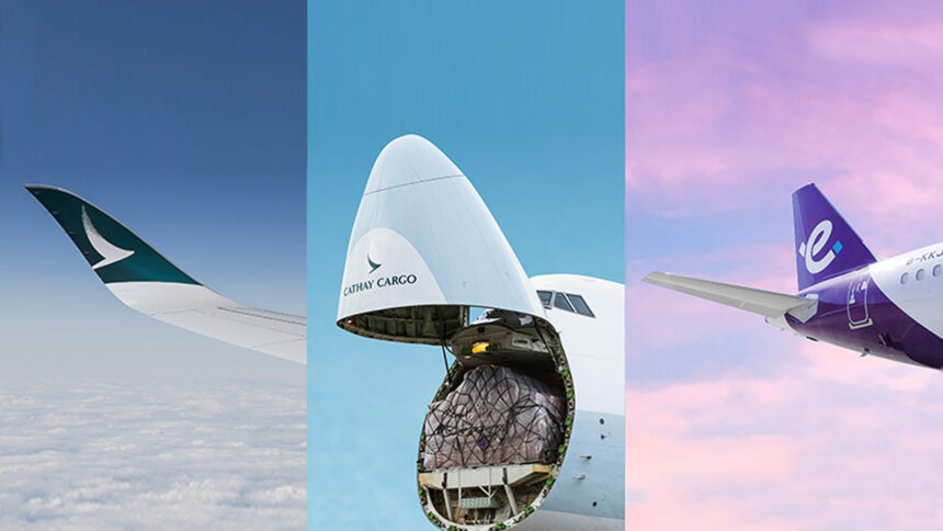 A split-screen view of Cathay Pacific passenger and cargo aircraft, alongside a tailfin from HK Express, showcasing the range of operations under the Cathay Group.