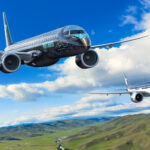 An image of the Embraer E195-E2 and E190-E2 aircraft flying in formation.