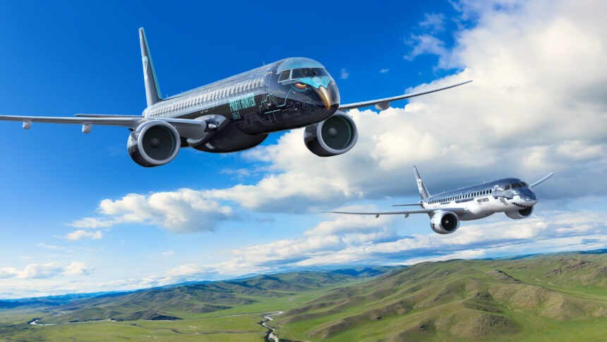 An image of the Embraer E195-E2 and E190-E2 aircraft flying in formation.