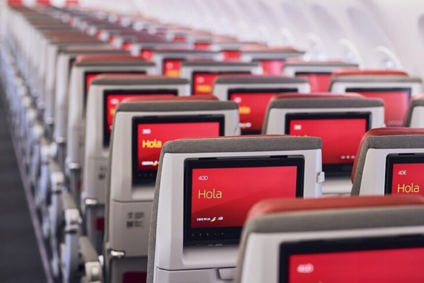 The interior cabin of an Iberia aircraft