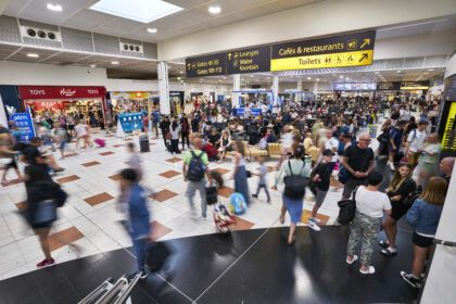 A busy North Terminal at London Gatwick Airport.