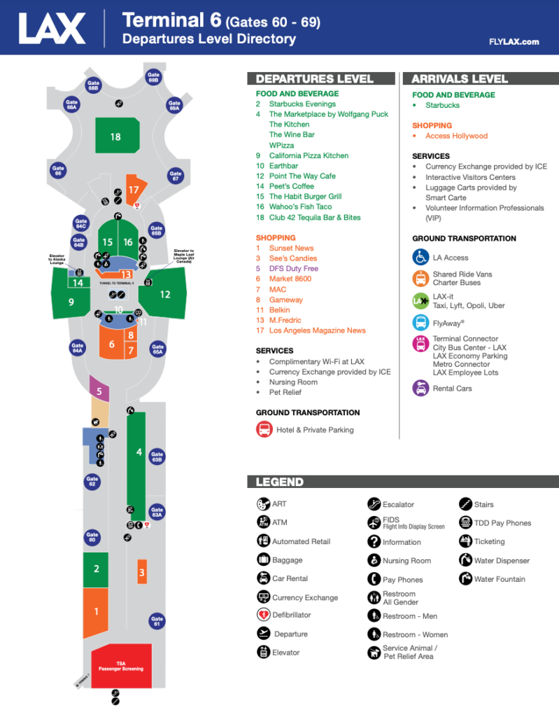 Layout of terminal 6 at LAX airport flylax