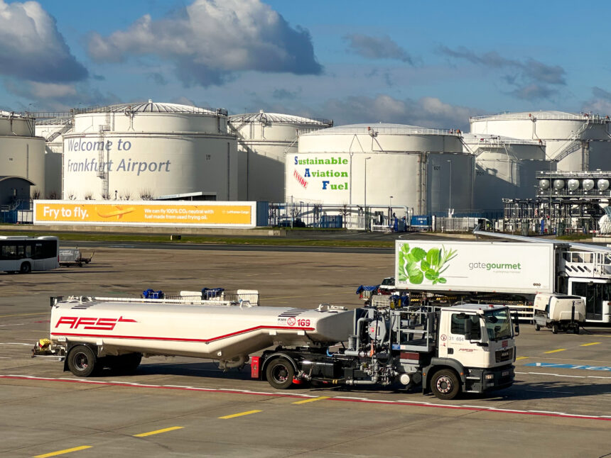 Sustainable Aviation Fuel (SAF) advertisement at Frankfurt Airport