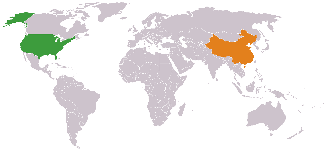 World map, highlighting USA and China