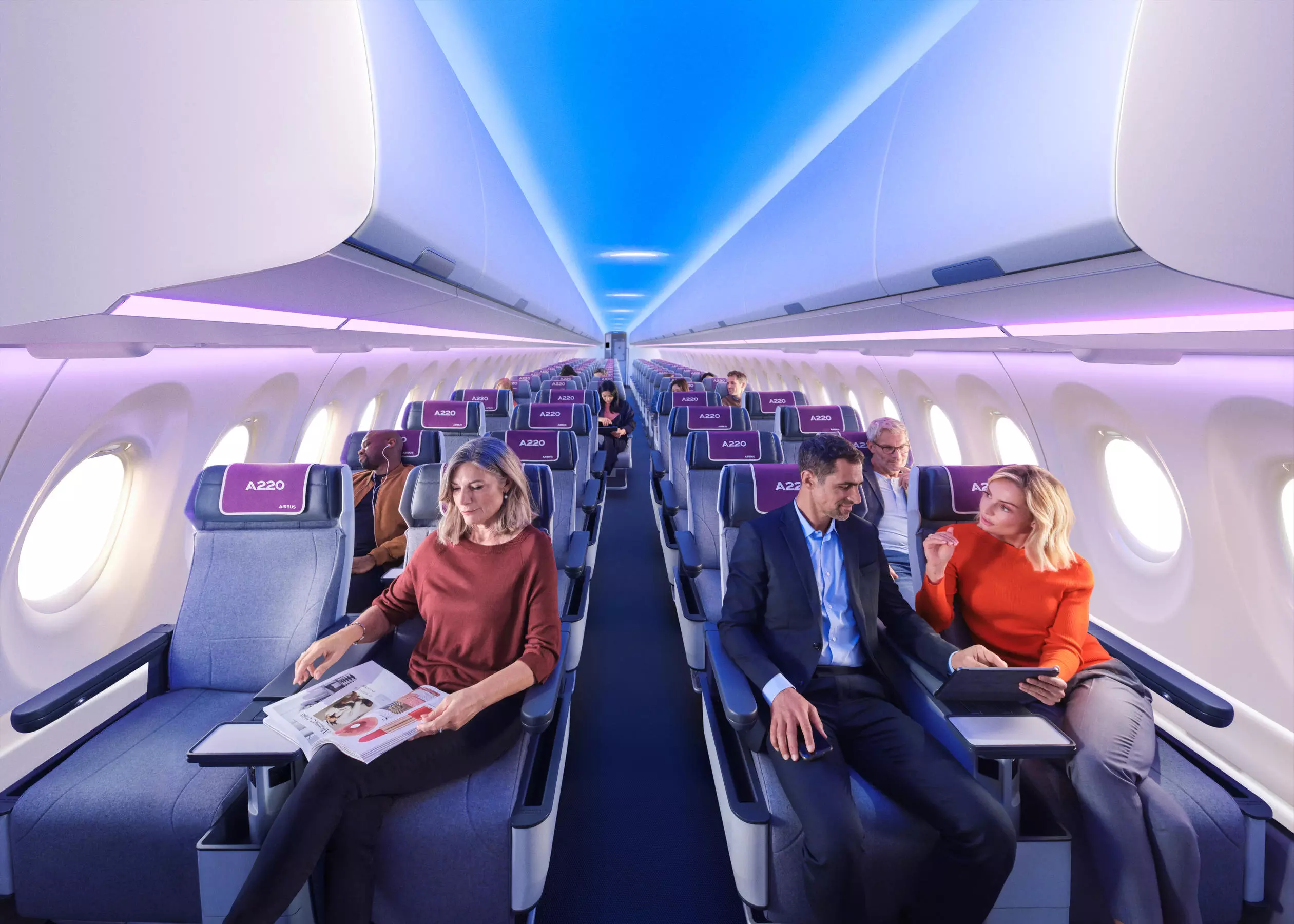A view of the A220 Airbus aisle, showcasing the Airspace cabin.