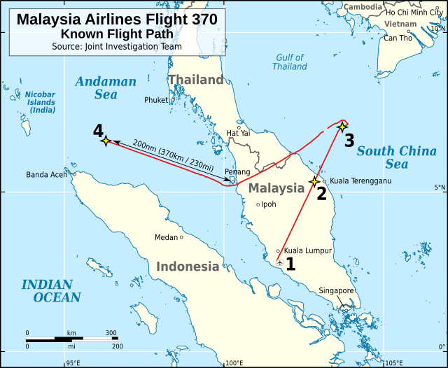 A map of the known flight path of the missing aircraft.