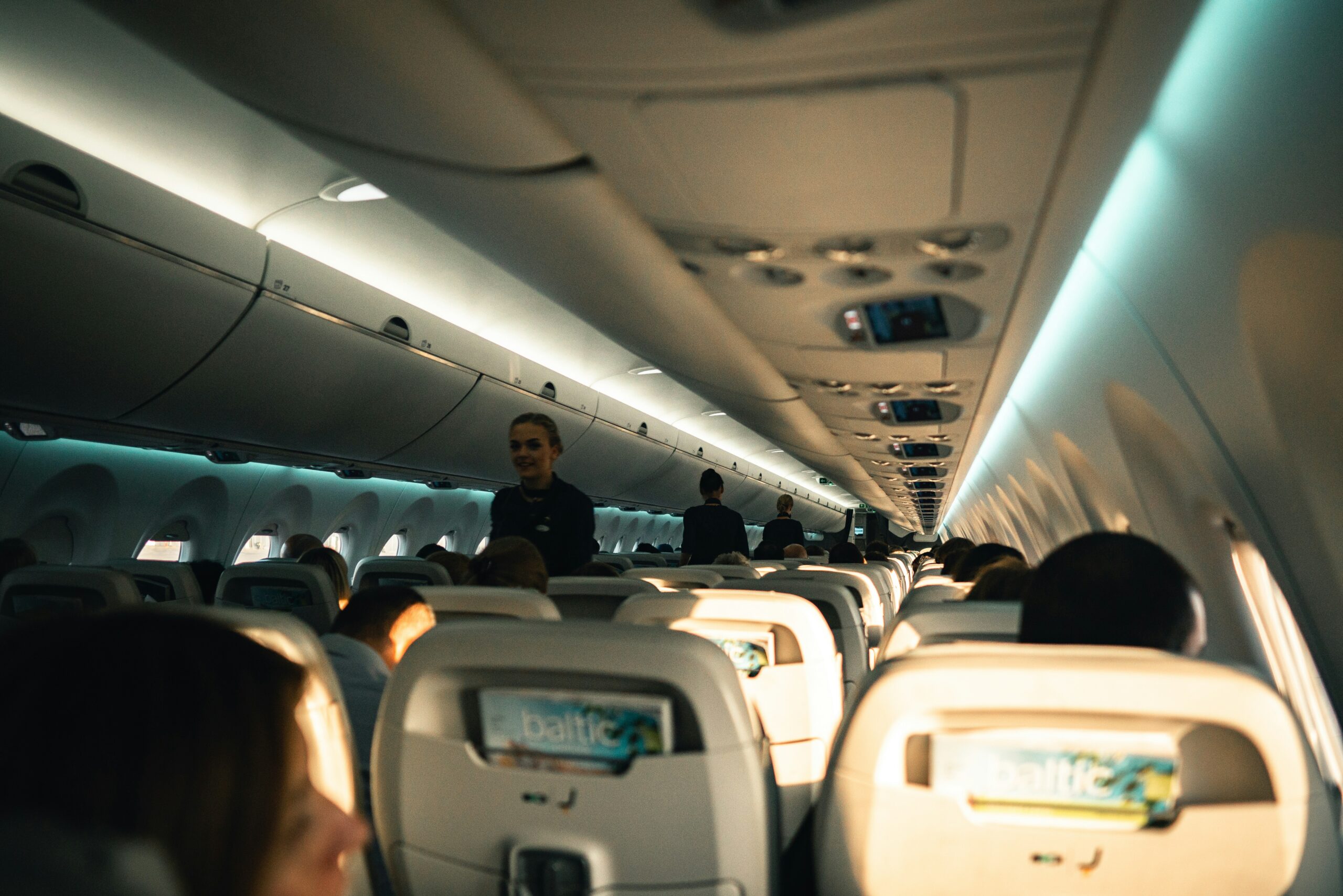 interior of an airBaltic Air Baltic aircraft, air hostess stewardess