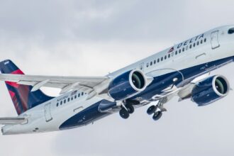 Delta Airbus A220 departing Salt Lake City International Airport