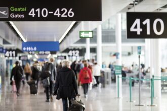 Passengers make their way through the departure gates at Terminal 2 of Dublin Airport.
