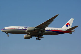 A Malaysian Airlines Boeing 777 mid-flight.