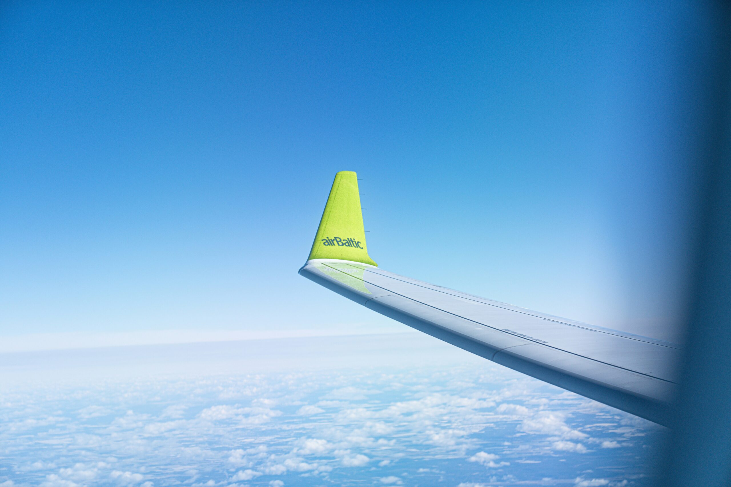 View from an airBaltic aircraft, showing a wing