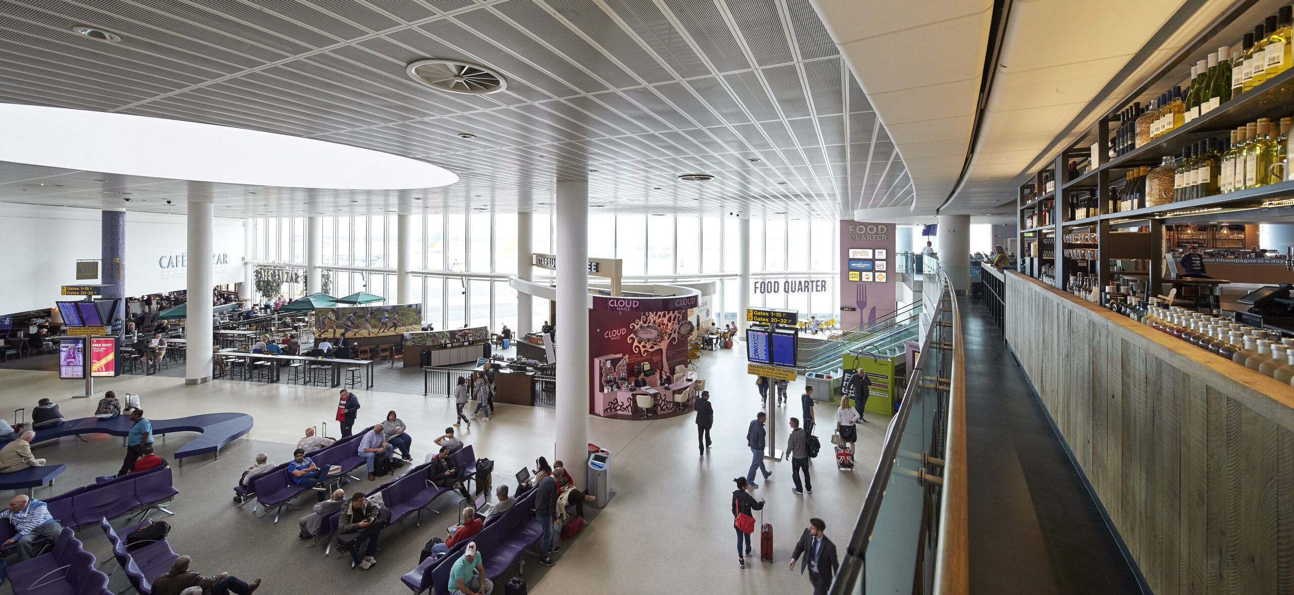 The interior of Terminal 1 Departure Hall at Manchester Airport.