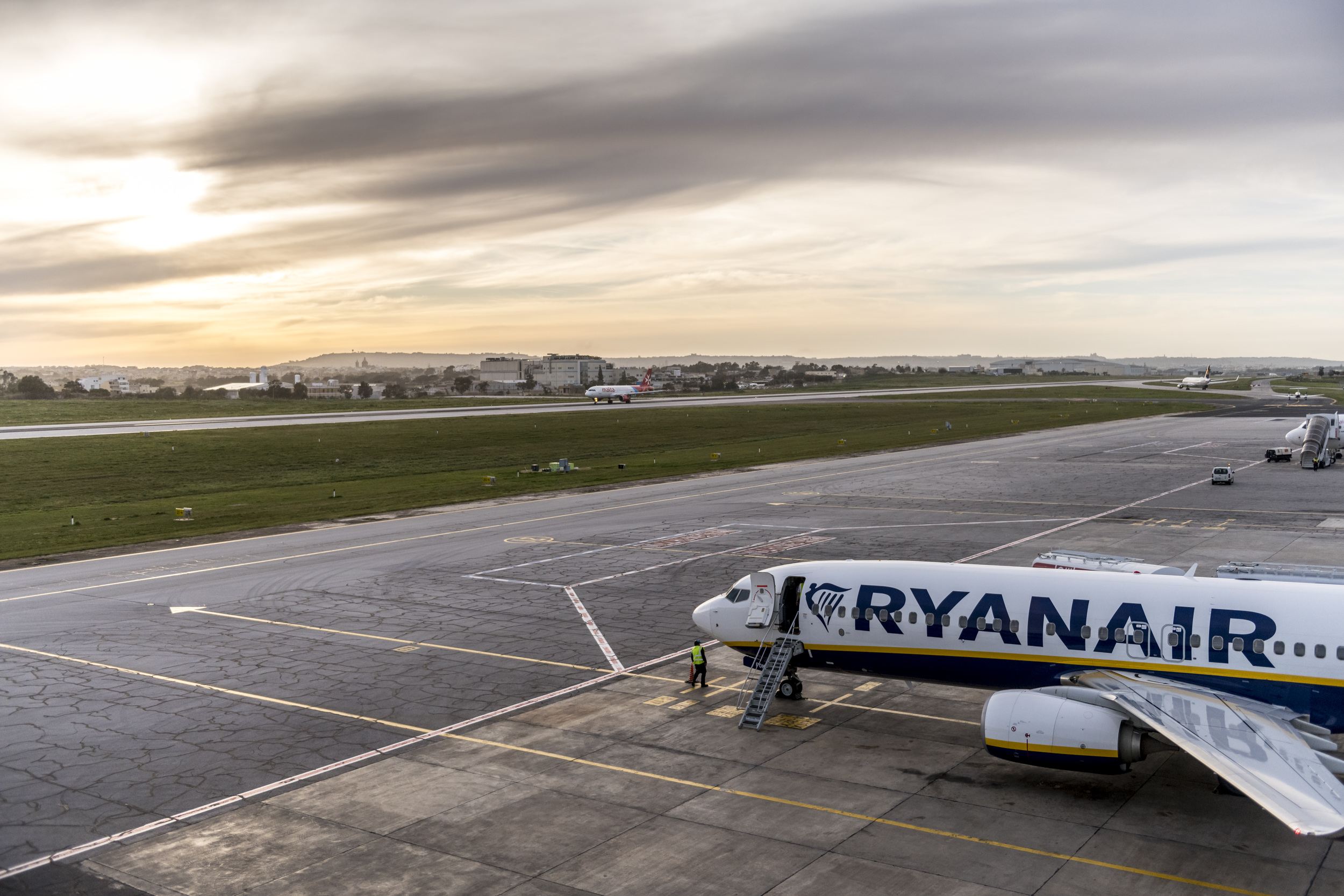 A Ryanair aircraft on the airfield at Malta International Airport.