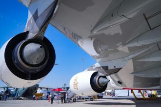 Underside of Emirates A380 wing.