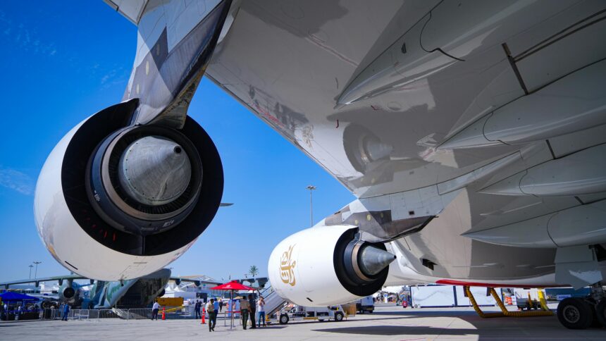 Underside of Emirates A380 wing.