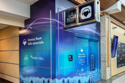 An image of YEG's brand-new sensory room, showing the purple and blue night sky themed exterior.
