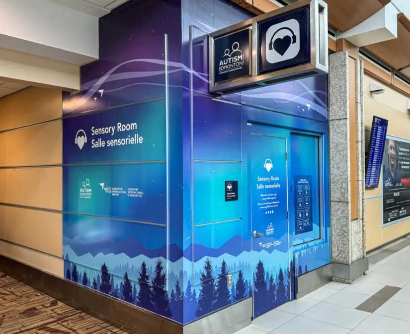 An image of YEG's brand-new sensory room, showing the purple and blue night sky themed exterior.