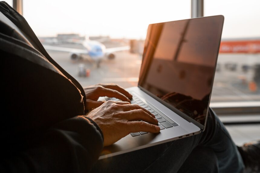 Man on laptop, aircraft behind in background