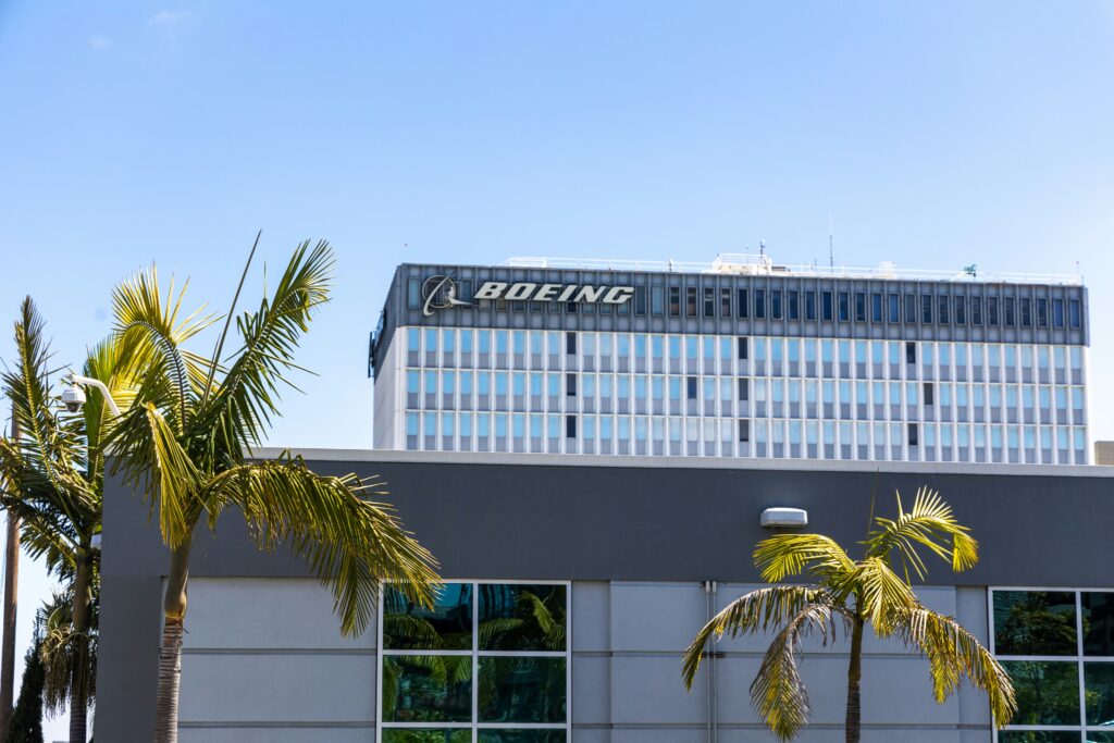 The Boeing logo on one of its manufacturing plants, as discussions around a potential aircraft sale to Russia emerge 