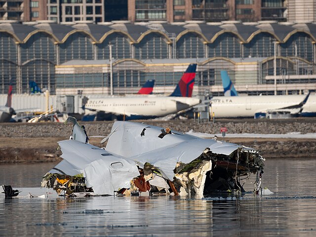 Aircraft wreckage from the air disaster over the Potomac River is pictured in the river.